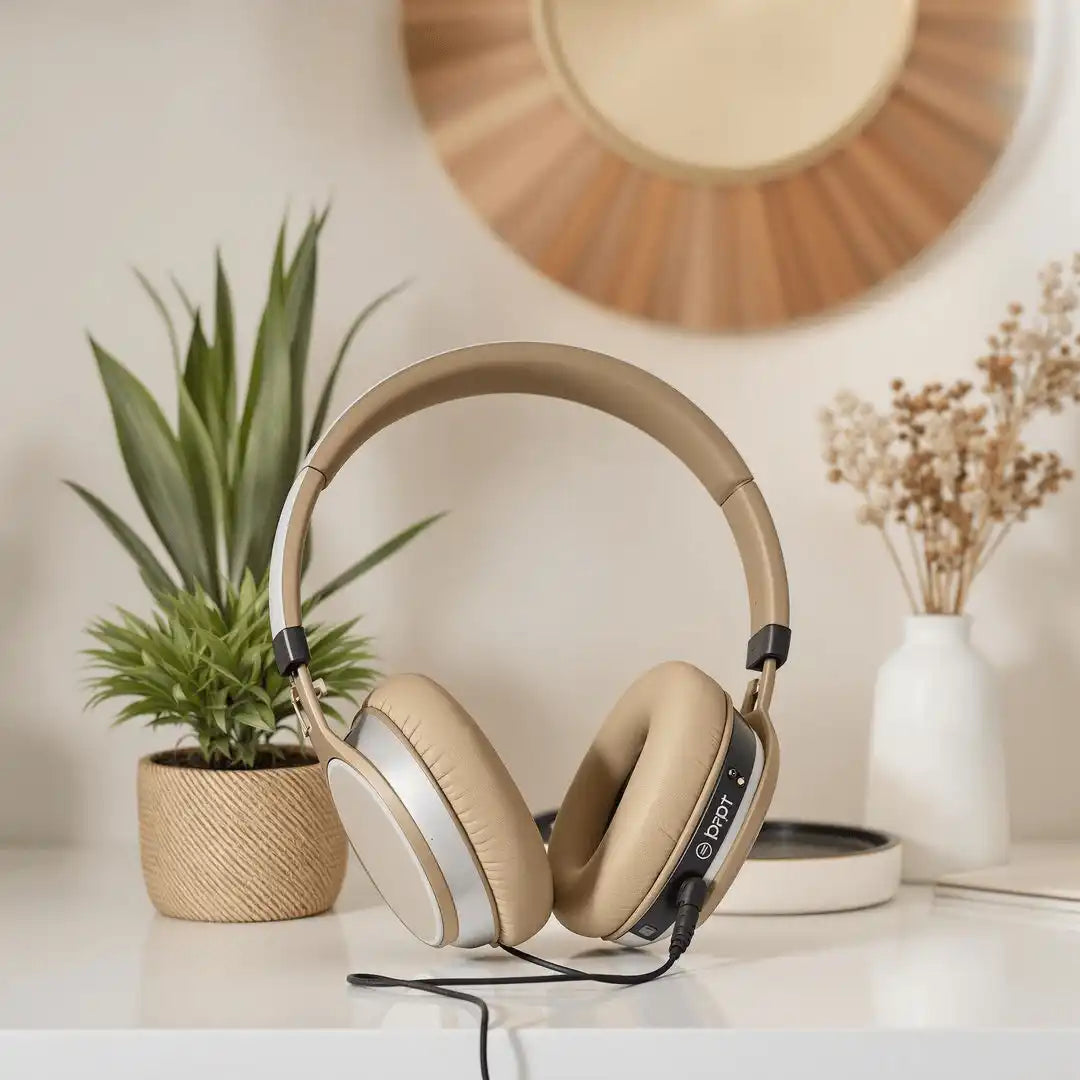 Beige over-ear headphones with black accents and a cord.