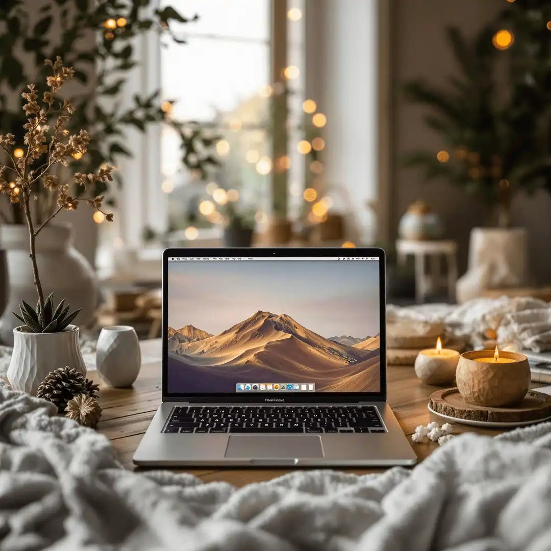 MacBook laptop displaying a mountain landscape wallpaper on its screen.