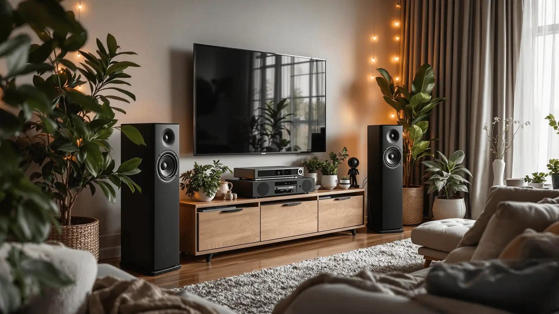 Modern wooden media console with a mounted TV and floor-standing speakers.