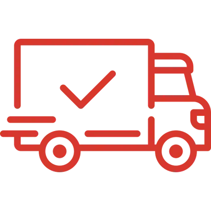 Red line drawing of a delivery truck with a checkmark symbol.