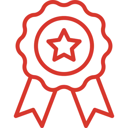 Red ribbon award badge with a star in the center.