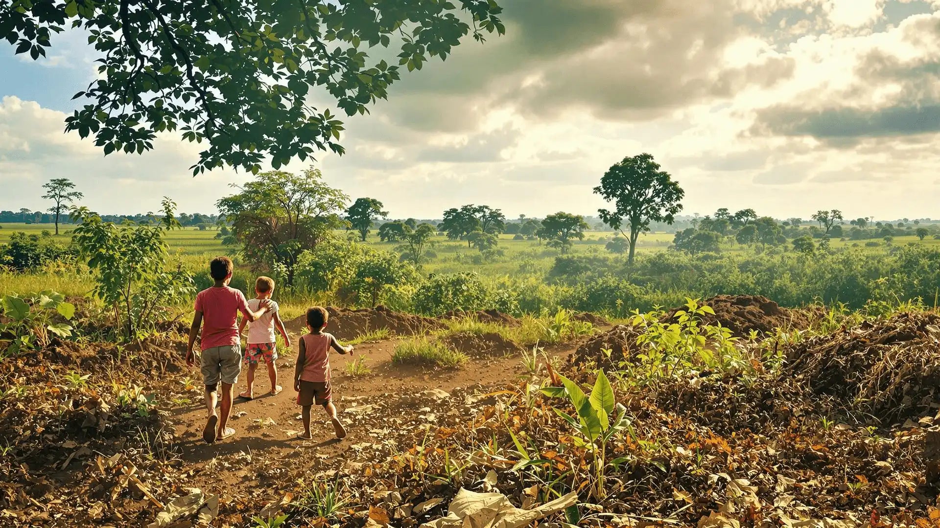 Three people walking along a dirt path in golden sunlight.